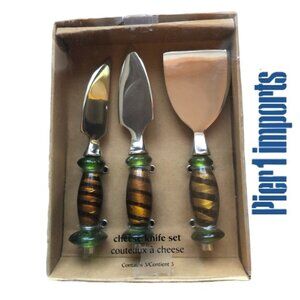 Pier 1 Cheese Knife Set 3 pc in Amber Green Blown Glass  In Original Box